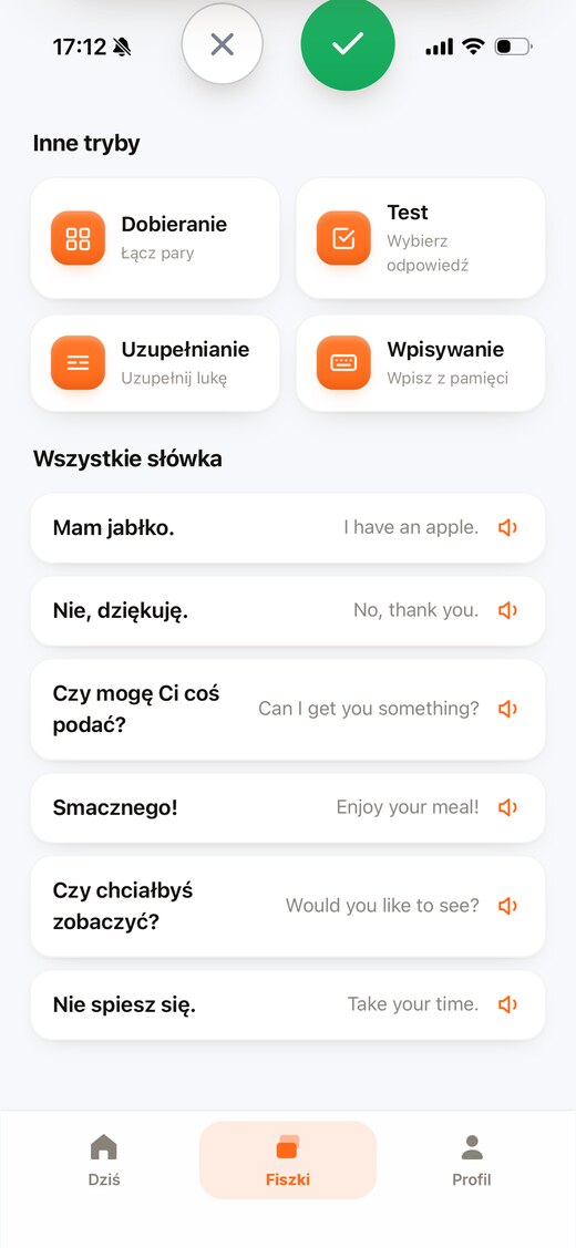 Ekran Spikiego z fiszkami i trybami powtórek
