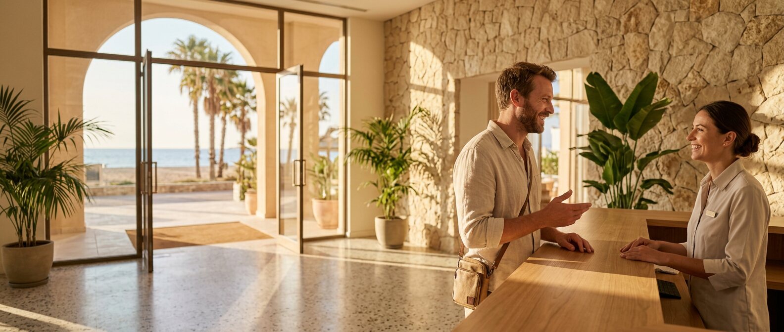 Podróżny rozmawia po angielsku w recepcji hotelu